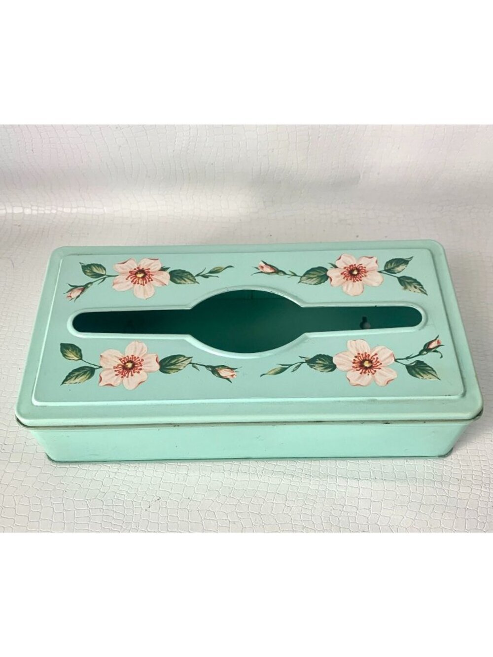 Vintage Toleware Metal Tissue Box Mint Green Floral Hand Painted